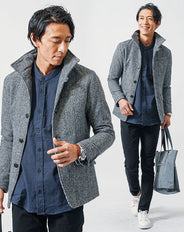 冬の3点コーデセット グレンチェックメルトンジャケット×ネイビー長袖シャツ×黒スリムチノパンツ