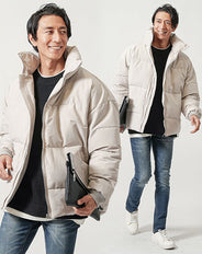 30代メンズ冬の3点コーデセット ベージュ中綿ジャケット×黒長袖ニット×ネイビースリムデニムパンツ