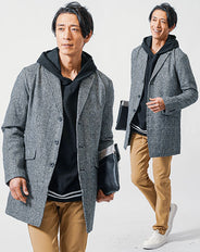 30代メンズ冬の3点コーデセット グレンチェックチェスターコート×黒長袖パーカー×ベージュスリムチノパンツ