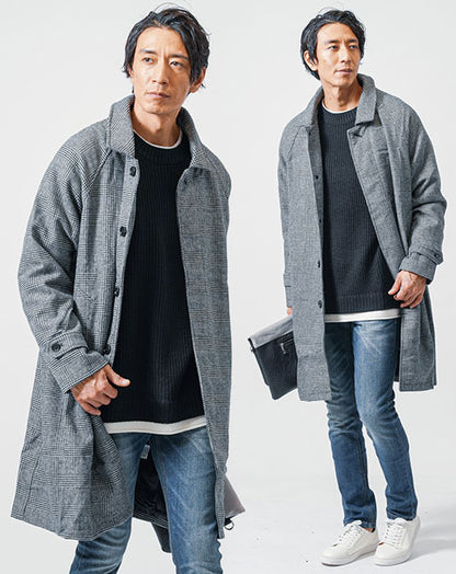 30代メンズ冬の3点コーデセット　グレンチェックロングコート×黒長袖ニットTシャツ×ネイビースリムデニムパンツ