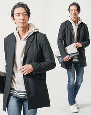 冬の3点コーデセット 黒チェスターコート×グレー長袖パーカー×ネイビースリムデニムパンツ