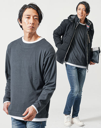 30代メンズ冬の3点コーデセット　黒中綿ジャケット×グレー長袖Tシャツ×ネイビースリムデニムパンツ