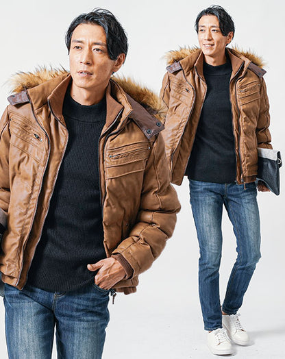 30代メンズ冬の3点コーデセット　キャメル中綿ダウンジャケット×黒ハイネックニット×ネイビースリムデニムパンツ