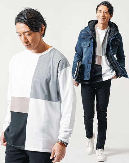 30代メンズ3点コーデセット　インディゴデニムジャケット×白長袖Tシャツ×黒スリムチノパンツ