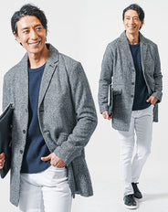 冬の3点コーデセット グレンチェックチェスターコート×ネイビー長袖ニット×黒スリムチノパンツ