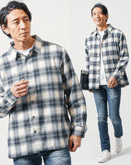 3点コーデセット グレー長袖チェックシャツ×白長袖Tシャツ×ネイビースリムデニムパンツ