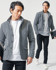 3点コーデセット グレー長袖テーラードジャケット×白長袖Tシャツ×黒スリムチノパンツ