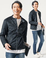 3点コーデセット　黒ライダースジャケット×白長袖Tシャツ×ネイビースリムデニムパンツ