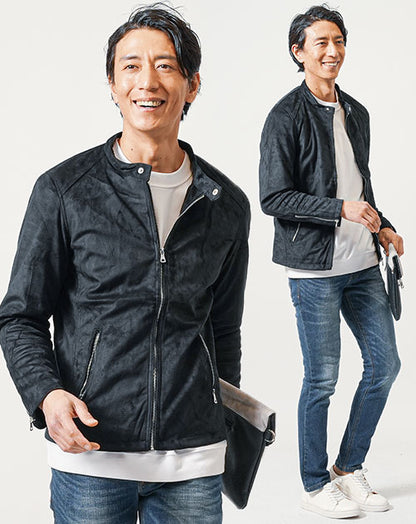 30代メンズ3点コーデセット　黒ライダースジャケット×白長袖Tシャツ×ネイビースリムデニムパンツ