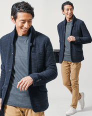 3点コーデセット ネイビー長袖ジャケット×チャコール長袖Tシャツ×ベージュスリムチノパンツ