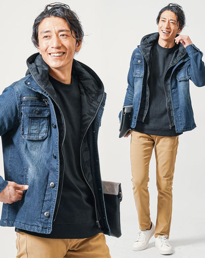 30代メンズ3点コーデセット　インディゴデニムジャケット×黒長袖ニット×スリムベージュチノパンツ