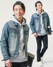 3点コーデセット　ネイビーデニムジャケット×グレー長袖プルパーカー×黒スリムチノパンツ