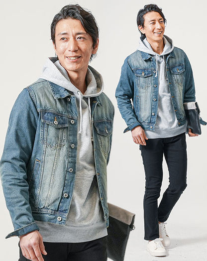 30代メンズ3点コーデセット　ネイビーデニムジャケット×グレー長袖プルパーカー×黒スリムチノパンツ