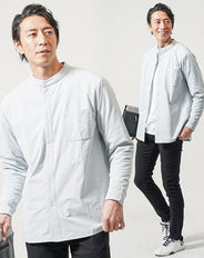 3点コーデセット　サックス長袖バンドカラーシャツ×白長袖Tシャツ×黒スリムチノパンツ