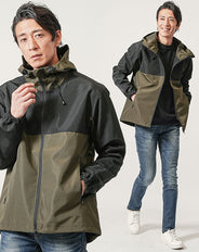 3点コーデセット カーキマウンテンパーカー×黒長袖Tシャツ×ネイビースリムデニムパンツ