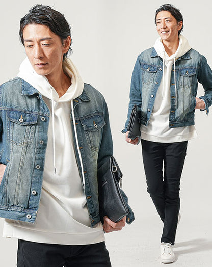 30代メンズ3点コーデセット　ネイビーデニムジャケット×白長袖プルパーカー×黒スリムチノパンツ