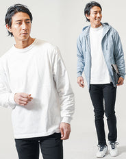 30代メンズ3点コーデセット　ブルー長袖スウェットパーカー×白長袖Tシャツ×黒スキニーテーパードチノパンツ