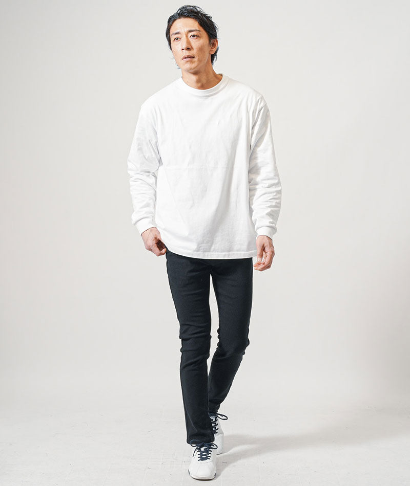 30代メンズ3点コーデセット　ネイビー長袖シャツパーカー×白長袖Tシャツ×黒スキニーテーパードチノパンツ