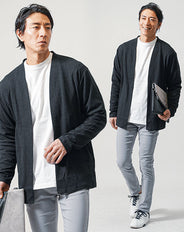 3点コーデセット　黒長袖カーディガン×白長袖Tシャツ×グレースキニーテーパードチノパンツ