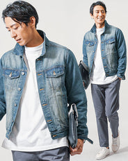 3点コーデセット　ネイビーデニムジャケット×白長袖Tシャツ×チャコールグレーイージーチノパンツ