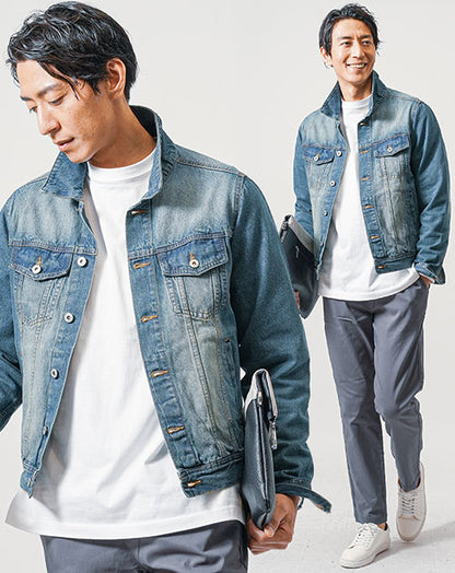 30代メンズ3点コーデセット　ネイビーデニムジャケット×白長袖Tシャツ×チャコールグレーイージーチノパンツ
