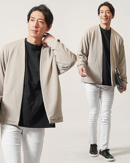30代メンズ3点コーデセット　ベージュ長袖カーディガン×黒長袖Tシャツ×白スキニーテーパードチノパンツ
