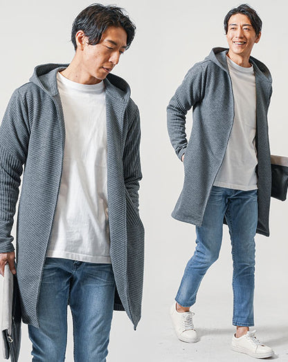 30代メンズ3点コーデセット　チャコール長袖ロングパーカー×白長袖Tシャツ×ブルースキニーテーパードデニムパンツ