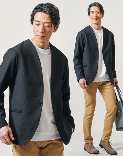30代メンズ3点コーデセット　黒長袖ノーカラージャケット×白長袖Tシャツ×ベージュスリムテーパードチノパンツ