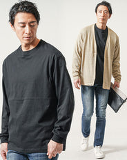 30代メンズ3点コーデセット　ベージュ長袖カーディガン×黒長袖Tシャツ×インディゴスリムテーパードデニムパンツ