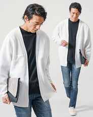 3点コーデセット　白長袖カーディガン×黒長袖シャツ×ネイビースリムテーパードデニムパンツ