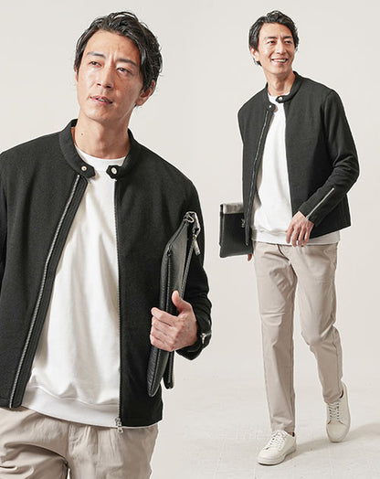 30代メンズ3点コーデセット　黒ライダースジャケット×白長袖Tシャツ×グレーベージュスリムイージーチノパンツ
