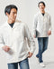 30代メンズ3点コーデセット　白長袖オープンカラーシャツ×黒長袖Tシャツ×インディゴスリムテーパードデニムパンツ