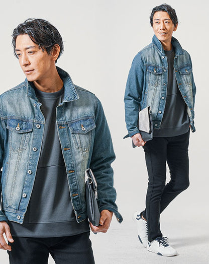 30代メンズ3点コーデセット　ネイビー長袖デニムジャケット×チャコールグレー長袖トレーナー×黒スリムテーパードチノパンツ