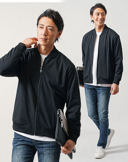 30代メンズ3点コーデセット　黒MA-1ブルゾンジャケット×白長袖Tシャツ×インディゴスリムテーパードデニムパンツ