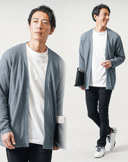 3点コーデセット ブルー長袖カーディガン×白長袖Tシャツ×黒スリムテーパードチノパンツ