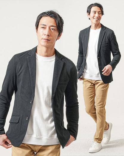 30代メンズ3点コーデセット　黒長袖テーラードジャケット×白長袖Tシャツ×ベージュスリムチノパンツ