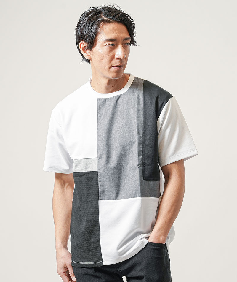 30代メンズ夏の3点コーデセット　サックス7分袖デニムシャツ×白半袖Tシャツ×黒スリムアンクルチノパンツ