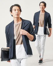 夏の3点コーデセット ネイビー7分袖テーラードジャケット×グレージュ半袖Tシャツ×白スリムテーパードアンクルチノパンツ