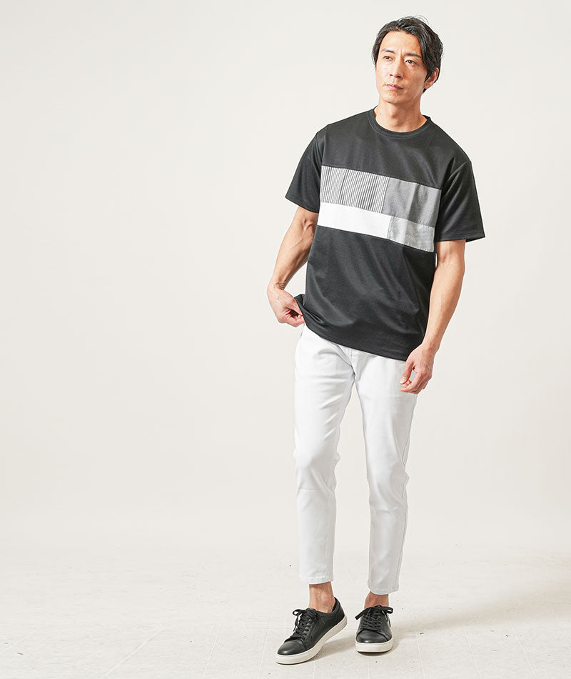 30代メンズ夏の3点コーデセット　黒半袖Tシャツ×黒オーバーサイズ半袖Tシャツ×白スリムアンクルチノパンツ