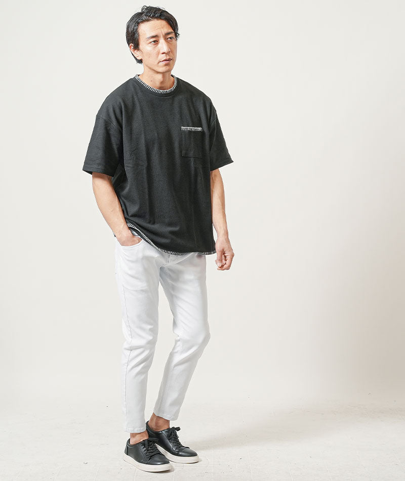 30代メンズ夏の3点コーデセット　黒半袖Tシャツ×黒オーバーサイズ半袖Tシャツ×白スリムアンクルチノパンツ