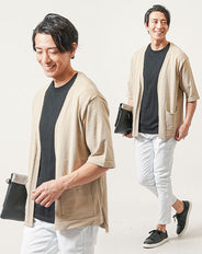 夏の3点コーデセット ベージュ5分袖カーディガン×黒長袖Tシャツ×白スリムアンクルチノパンツ