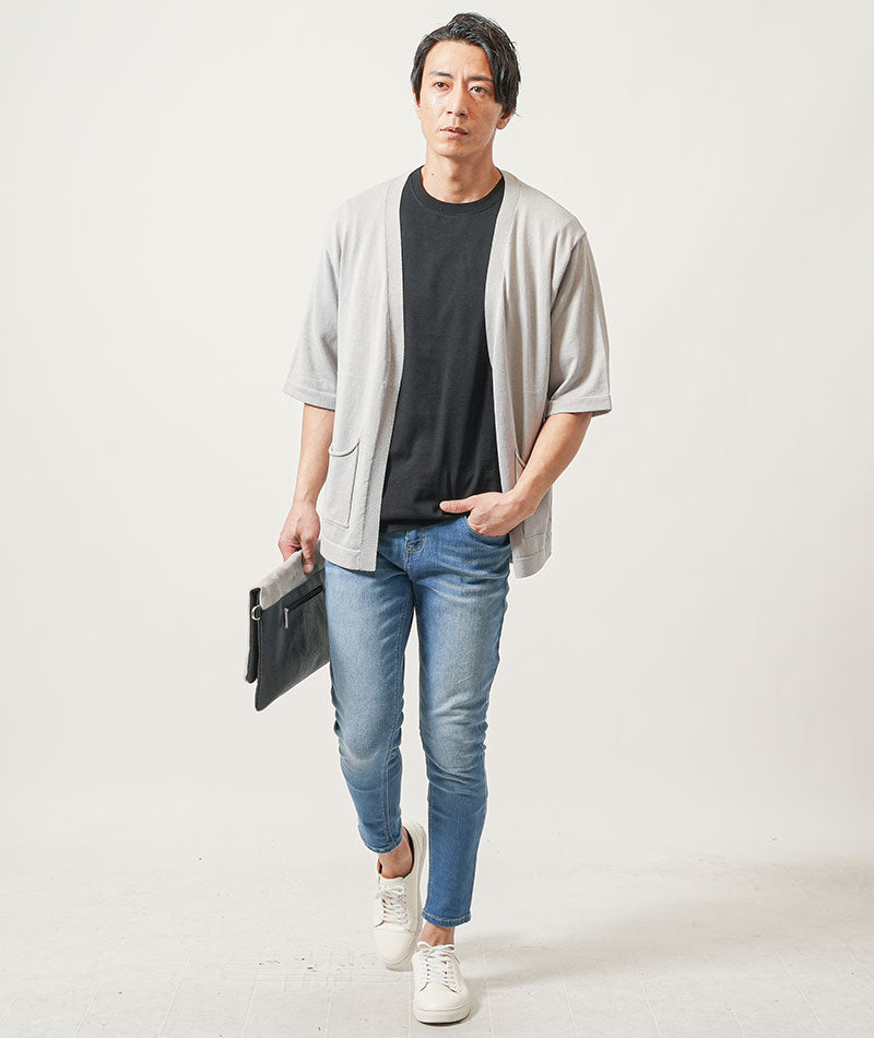 30代メンズ3点コーデセット　グレー5分袖カーディガン×黒半袖Tシャツ×ブリーチアンクルデニムパンツ
