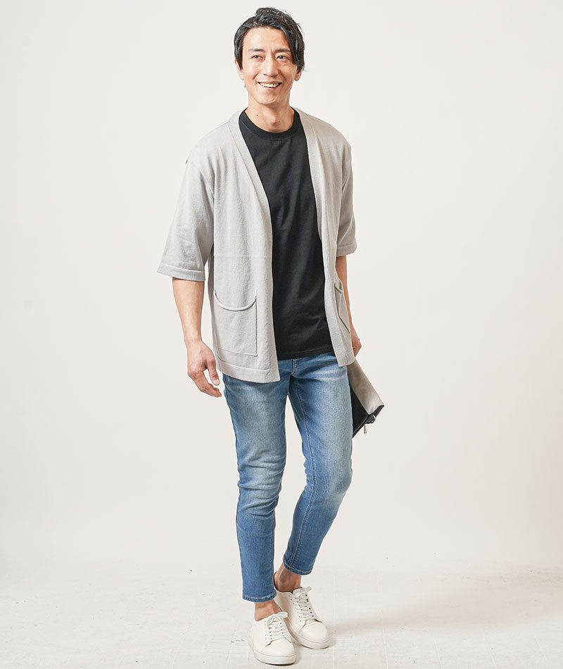 30代メンズ3点コーデセット　グレー5分袖カーディガン×黒半袖Tシャツ×ブリーチアンクルデニムパンツ