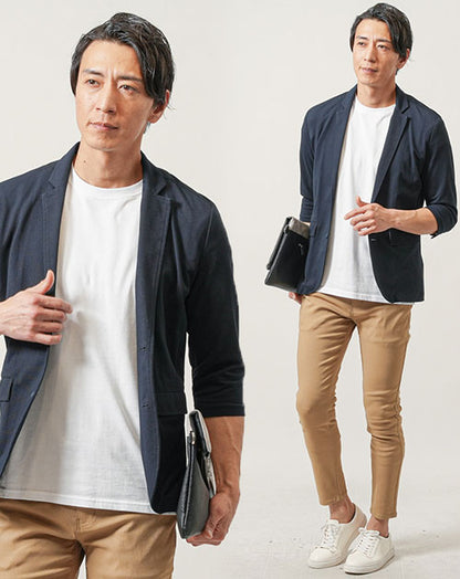 30代メンズ3点コーデセット　ネイビー7分袖テーラードジャケット×白半袖Tシャツ×ベージュアンクルチノパンツ