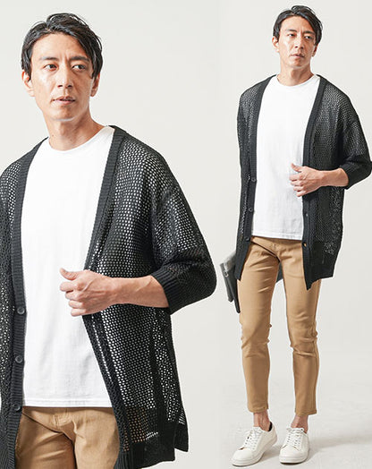 30代メンズ3点コーデセット　黒長5分袖メッシュカーディガン×白半袖Tシャツ×ベージュアンクルチノパンツ