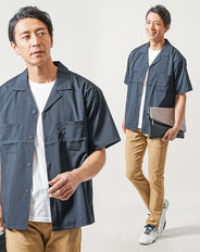 3点コーデセット　ネイビー半袖オープンカラーシャツ×白半袖Tシャツ×ベージュスリムチノパンツ