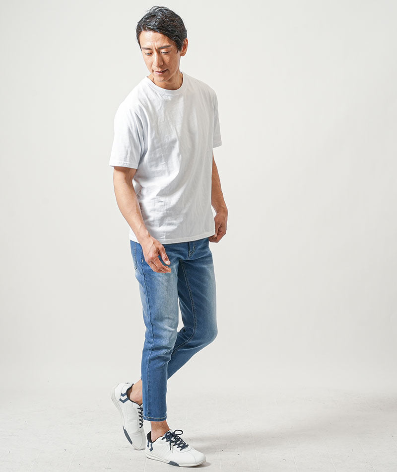30代メンズ3点コーデセット　黒半袖オープンカラーシャツ×白半袖Tシャツ×ブルーアンクルデニムパンツ