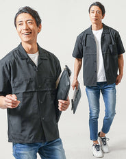 3点コーデセット　黒半袖オープンカラーシャツ×白半袖Tシャツ×ブルーアンクルデニムパンツ