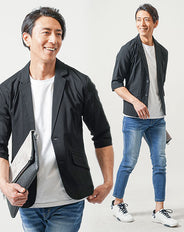 夏の接触冷感3点コーデセット　黒7分袖テーラードジャケット×白半袖Tシャツ×ブルーアンクルデニムパンツ