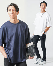 がっちり体型30代メンズ夏コーデ3点セット　白半袖Tシャツ×ネイビー半袖Tシャツ×黒ストレッチチノパンツ